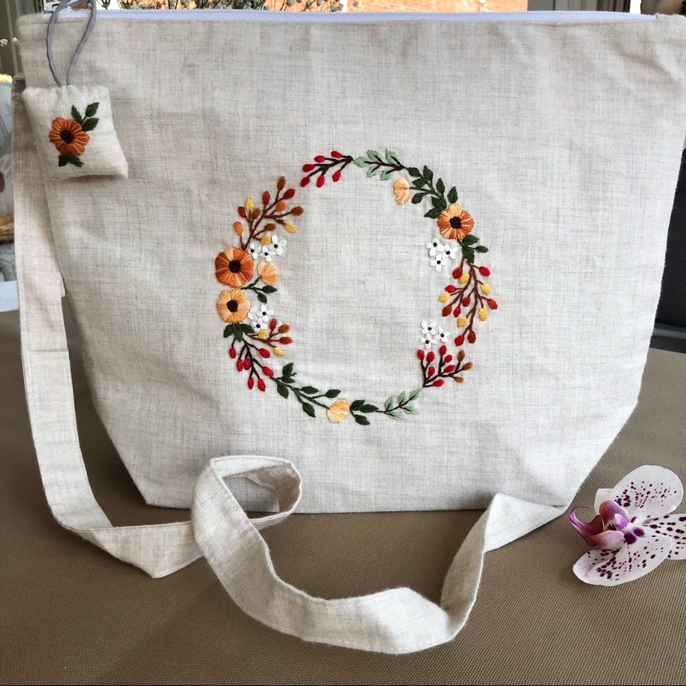Hand embroidered linen bag